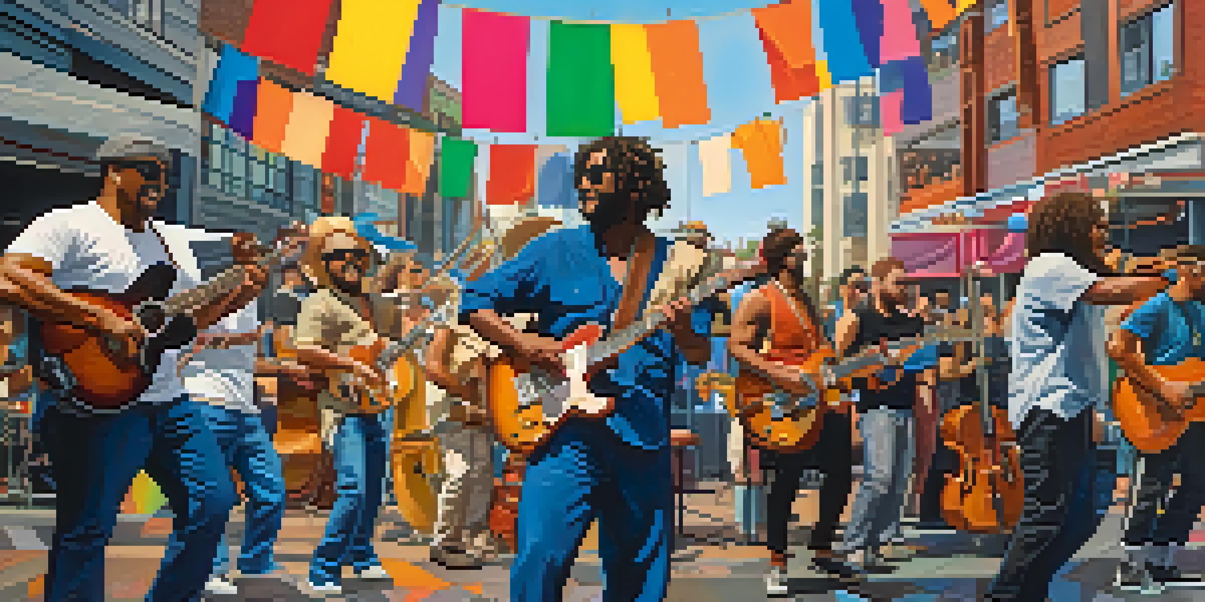 A lively outdoor music festival in Seattle with diverse musicians performing, colorful banners, and the Space Needle in the background.