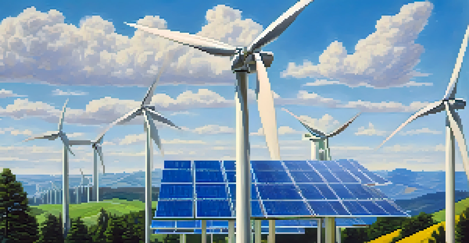 Close-up of solar panels and wind turbines on green hills near Seattle, with a bright blue sky and clouds above.