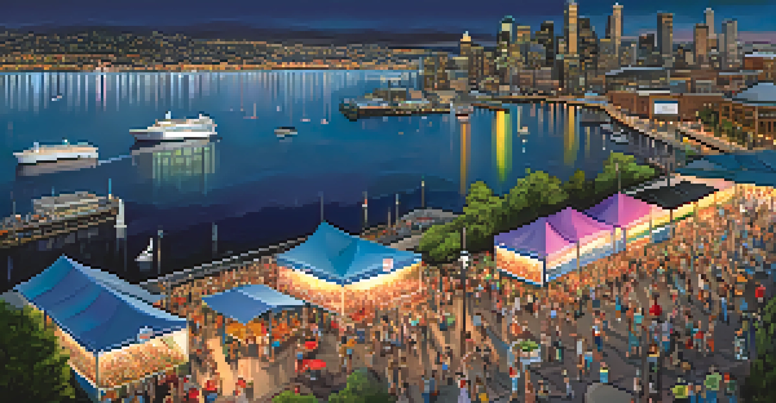 An aerial view of the Waterfront Summer Nights festival in Seattle, showcasing food trucks and live music.