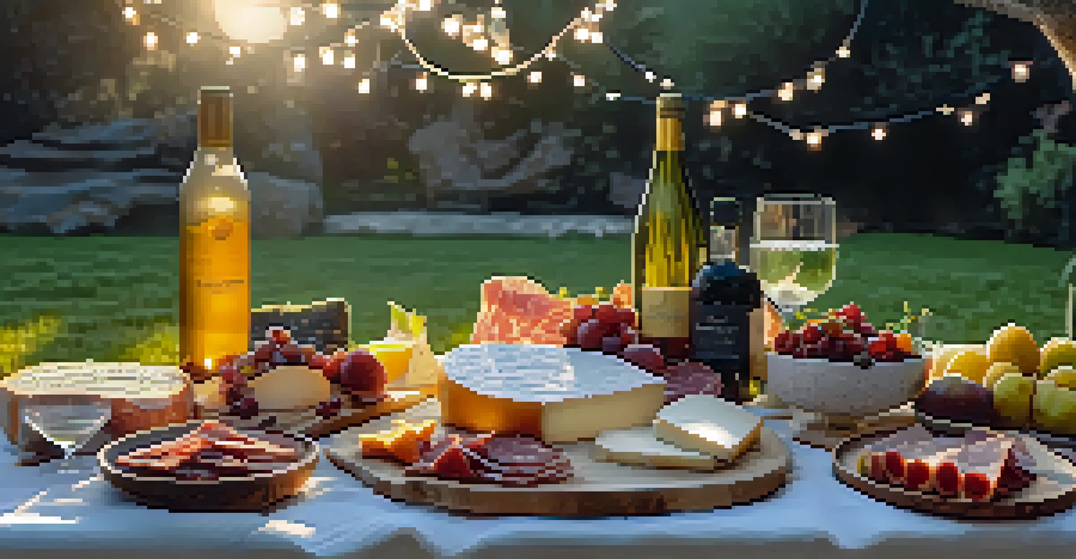 A romantic picnic in a garden with fairy lights and gourmet food.