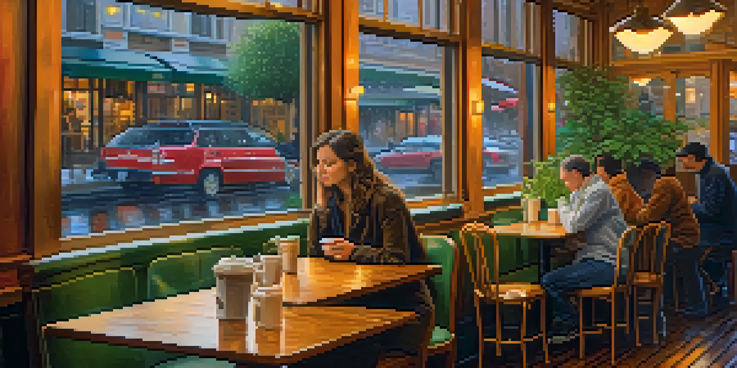 A cozy café in Seattle with a warm drink and pastry on a table, rain visible outside the window.