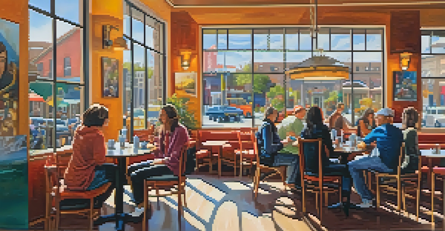 An artistic coffee shop with local artwork, patrons enjoying espresso, and a vibrant atmosphere filled with natural light.
