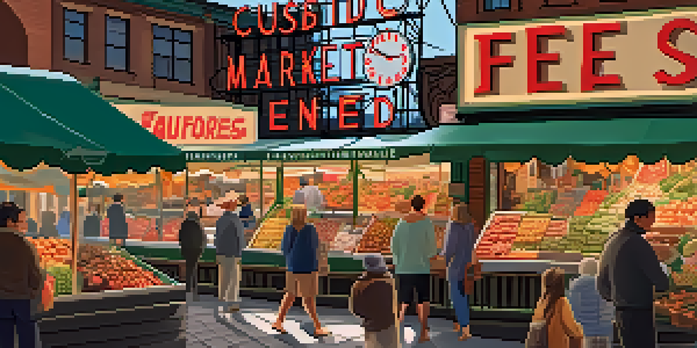 A lively market scene at Pike Place Market in Seattle, featuring various food stalls with fresh seafood and colorful fruits, under warm sunlight.
