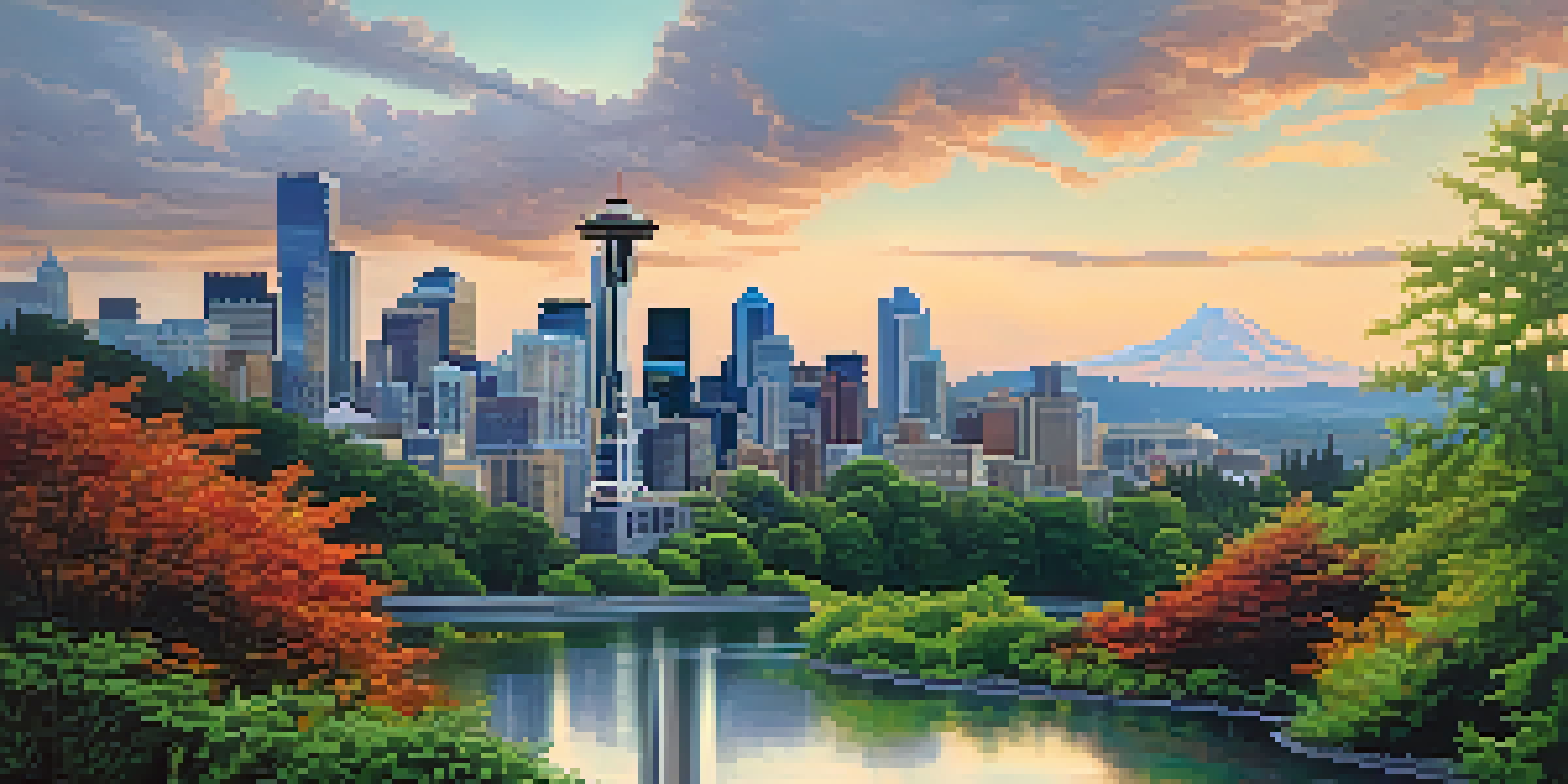 A view of Seattle's skyline amidst lush greenery and temperate rainforests, with rain falling and clouds in the sky.