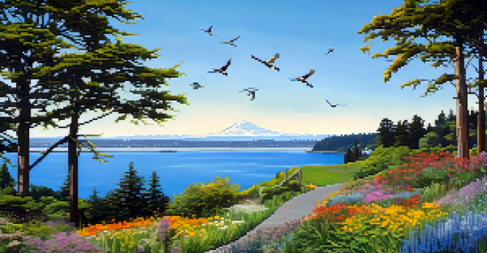 A beautiful landscape of Discovery Park in Seattle featuring native plants, wildflowers, and birds in a clear blue sky.