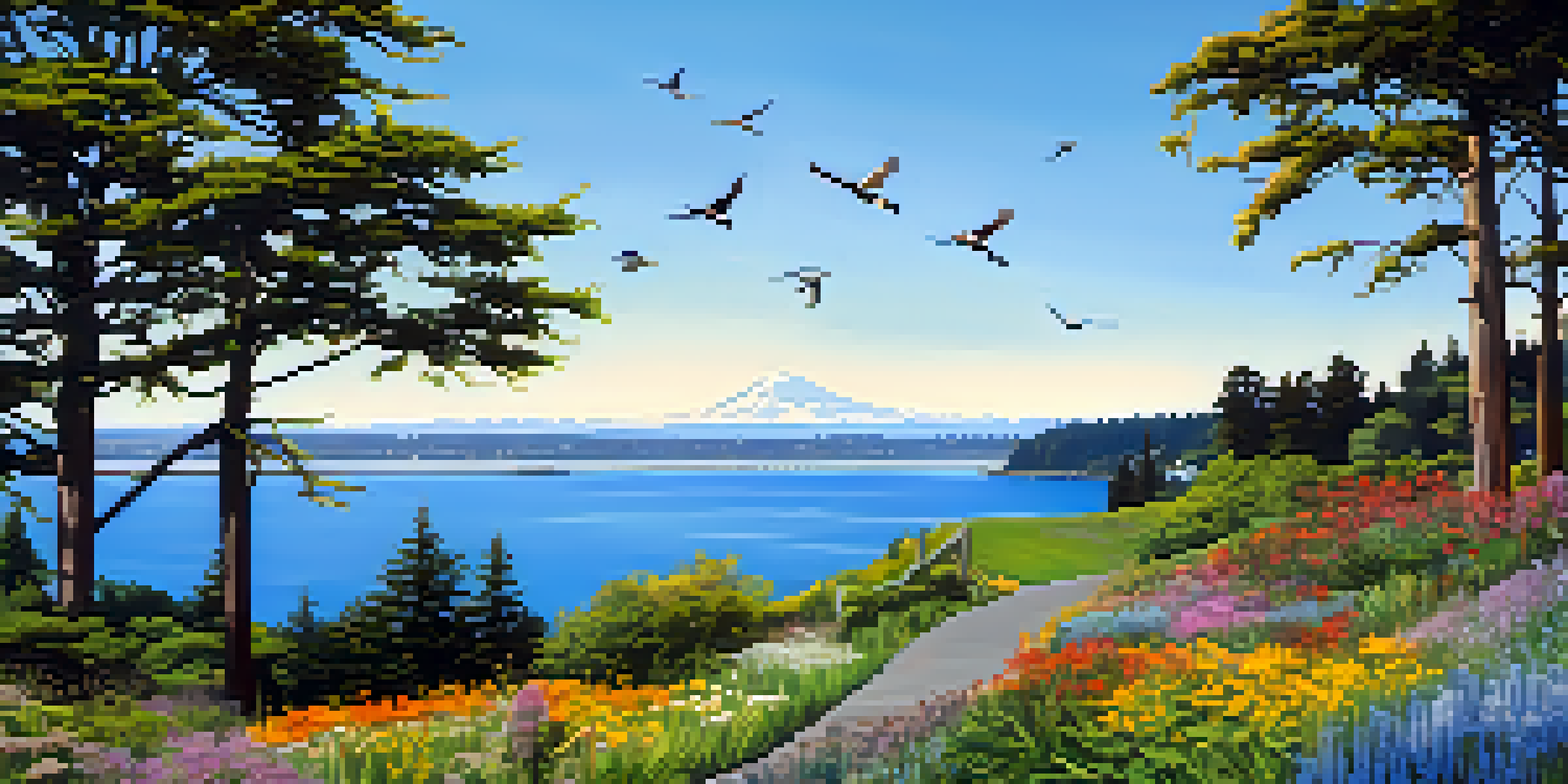 A beautiful landscape of Discovery Park in Seattle featuring native plants, wildflowers, and birds in a clear blue sky.