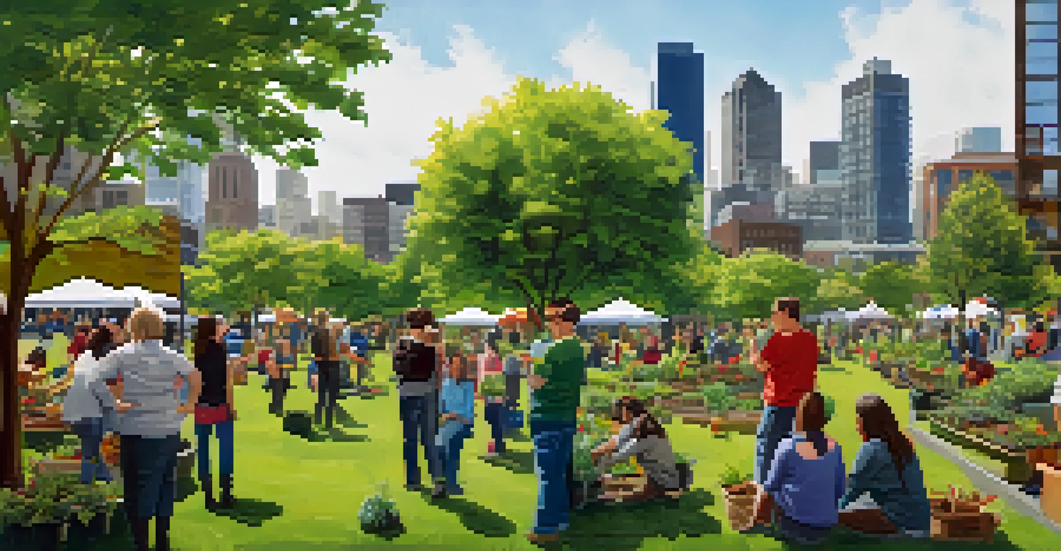 Residents participating in a community sustainability event, planting trees and discussing eco-friendly practices in a park.