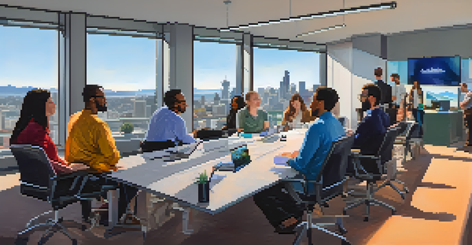 A lively tech meetup in Seattle with diverse professionals discussing in a modern conference room with a view of the skyline.