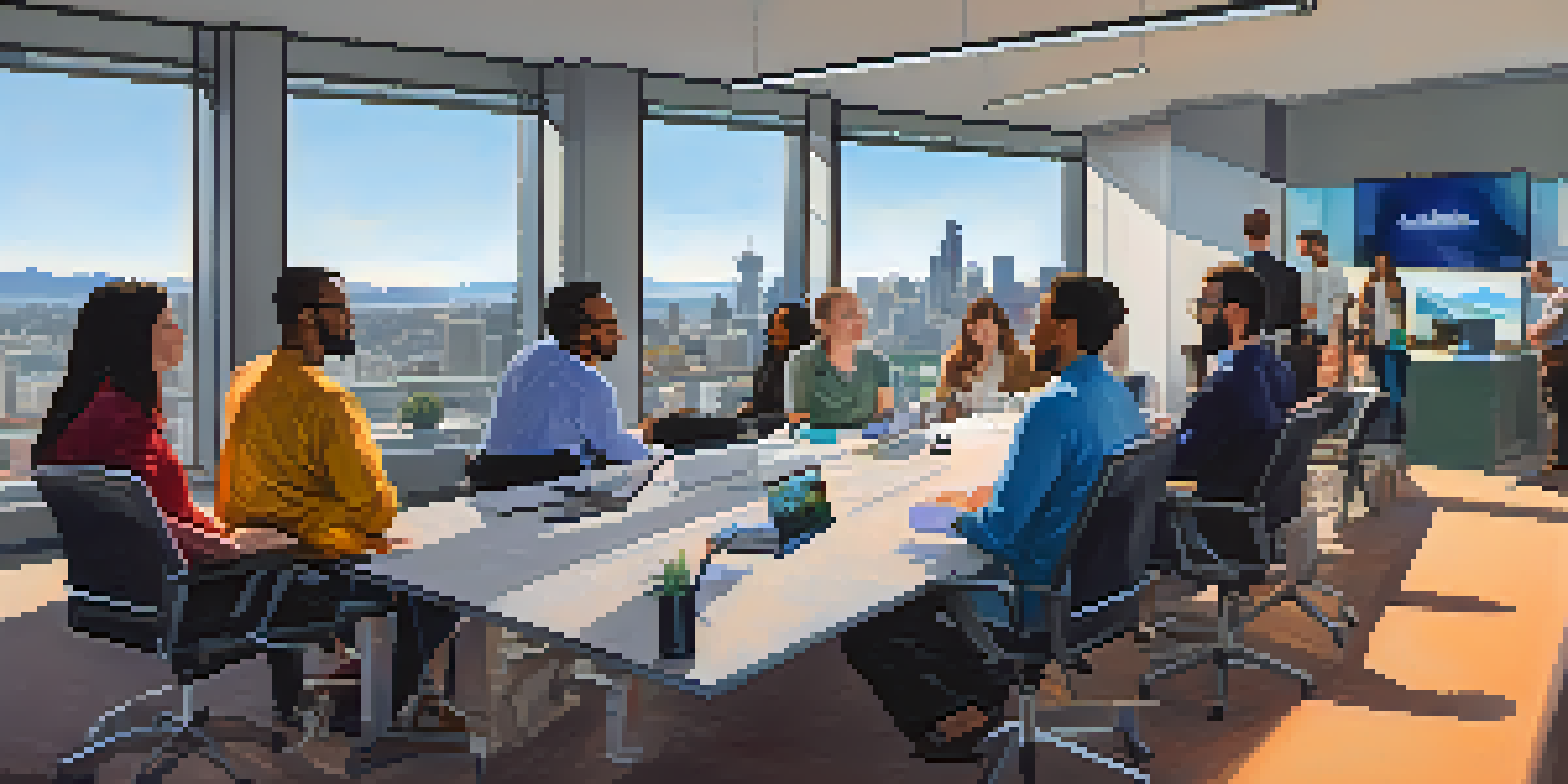 A lively tech meetup in Seattle with diverse professionals discussing in a modern conference room with a view of the skyline.