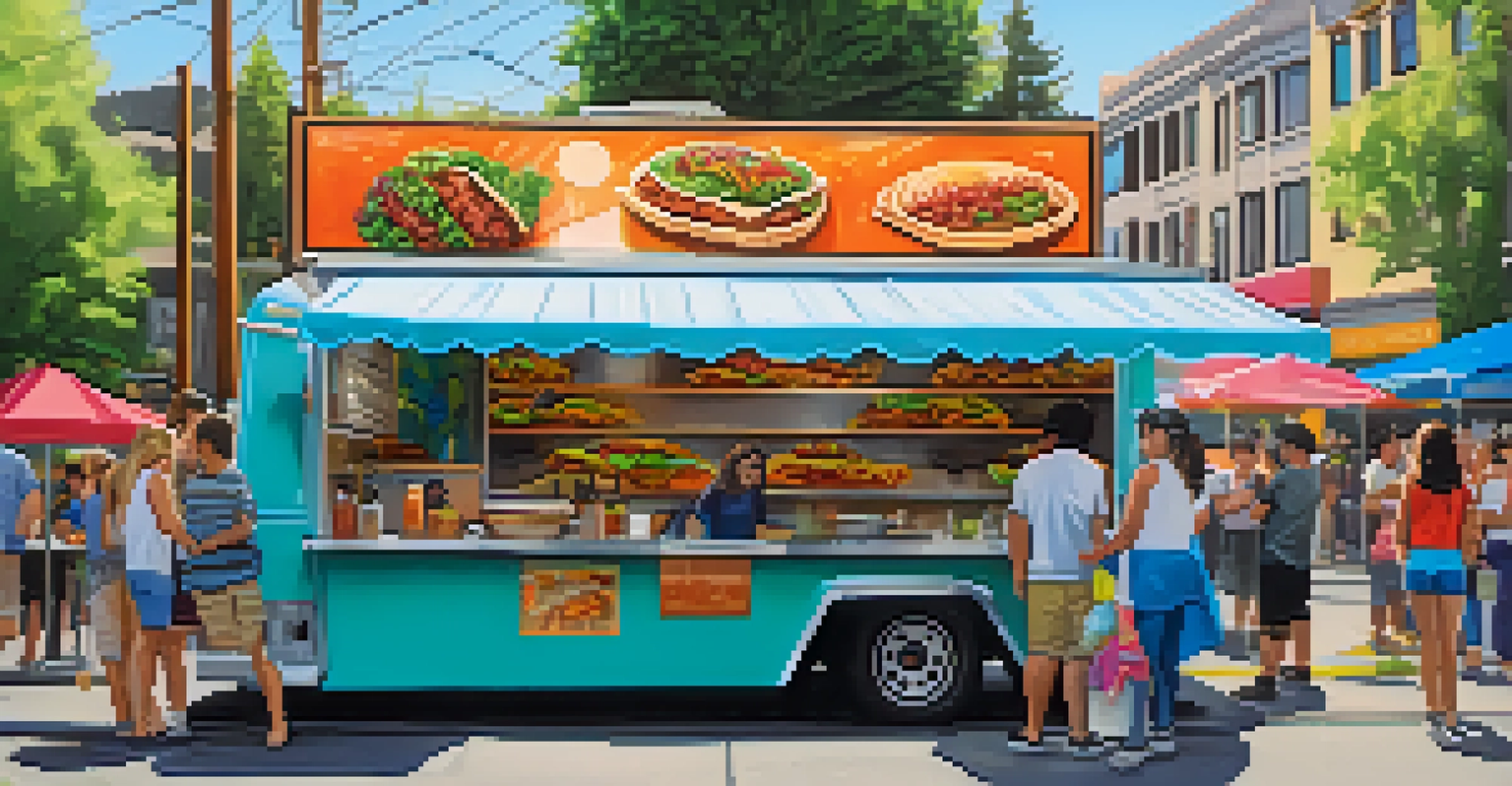 A colorful food truck in Seattle serving gourmet tacos, with people enjoying street food in a lively outdoor setting.