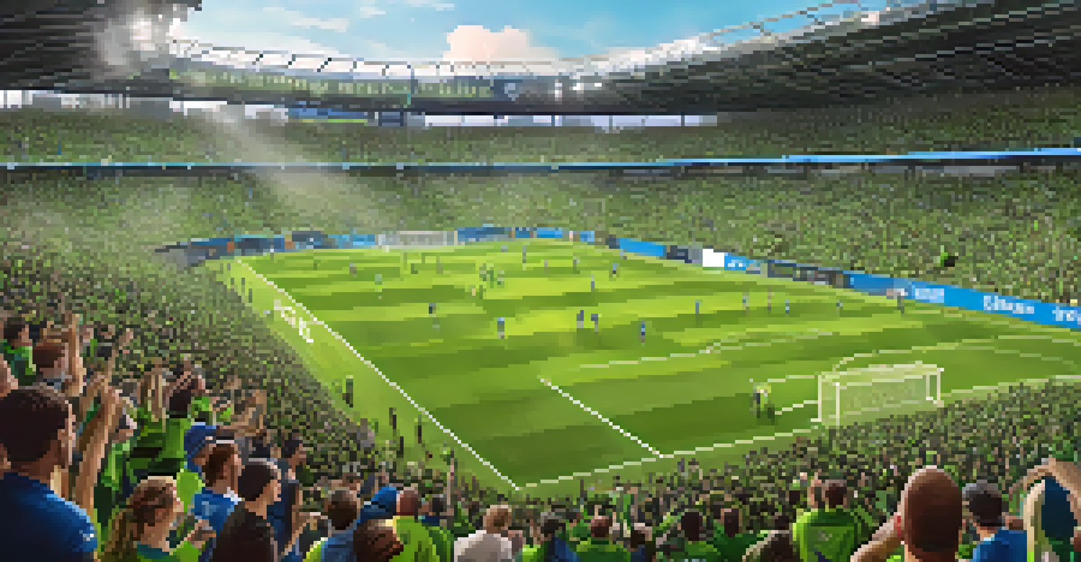 A crowded Seattle Sounders FC match at Lumen Field, with fans cheering and waving flags, capturing the vibrant soccer culture in Seattle.