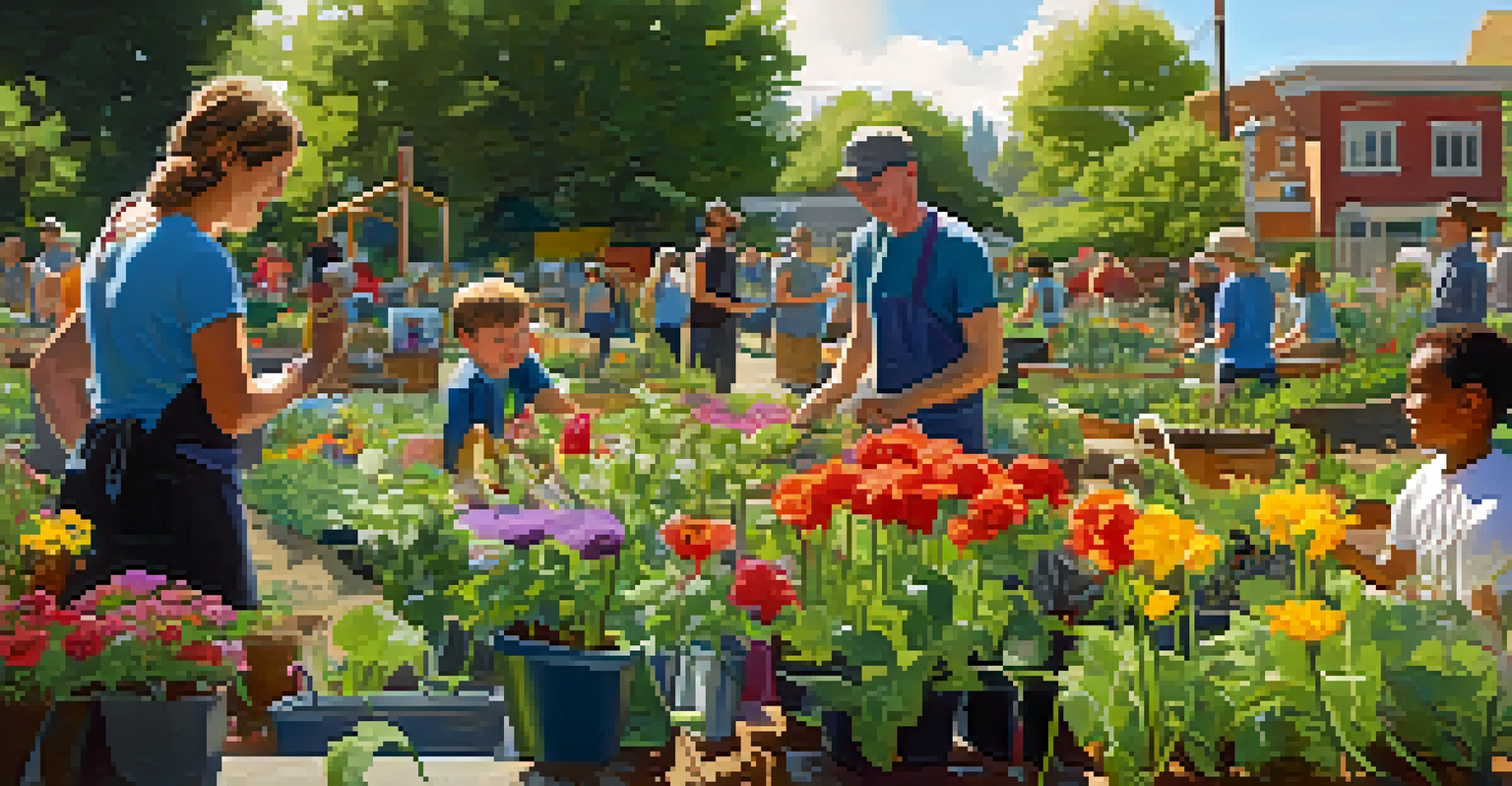 A community garden in Seattle with volunteers planting and watering flowers and vegetables in a sunny environment.