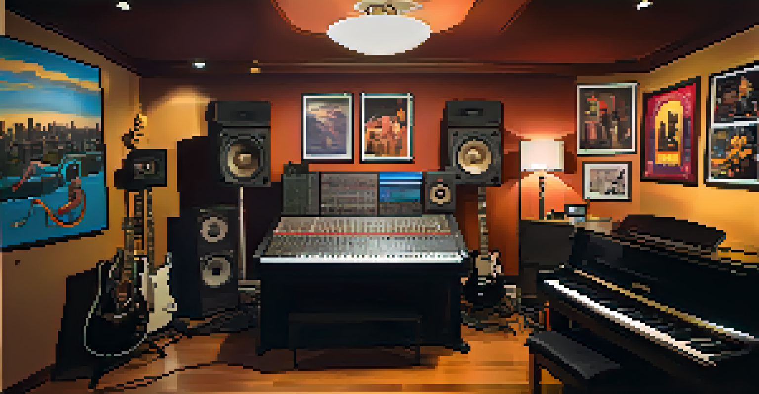 A cozy recording studio in Seattle with musicians collaborating, surrounded by modern equipment and artistic posters.