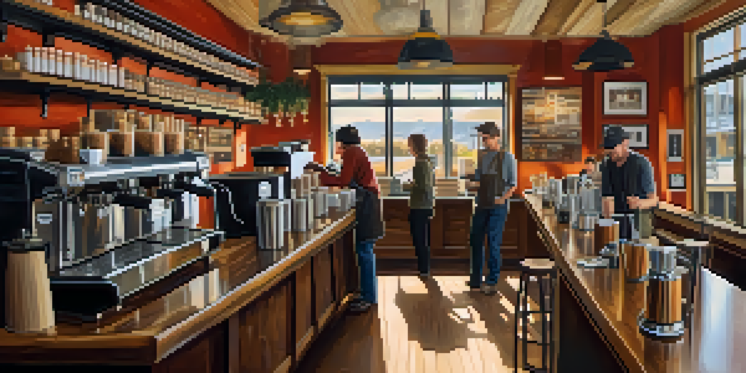 A busy coffee shop in Seattle with baristas making espresso drinks and customers enjoying their coffee.