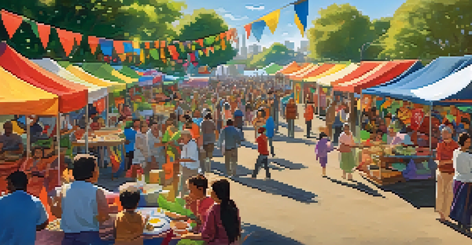 An outdoor cultural fair in Seattle with diverse booths and people celebrating, under a clear blue sky.