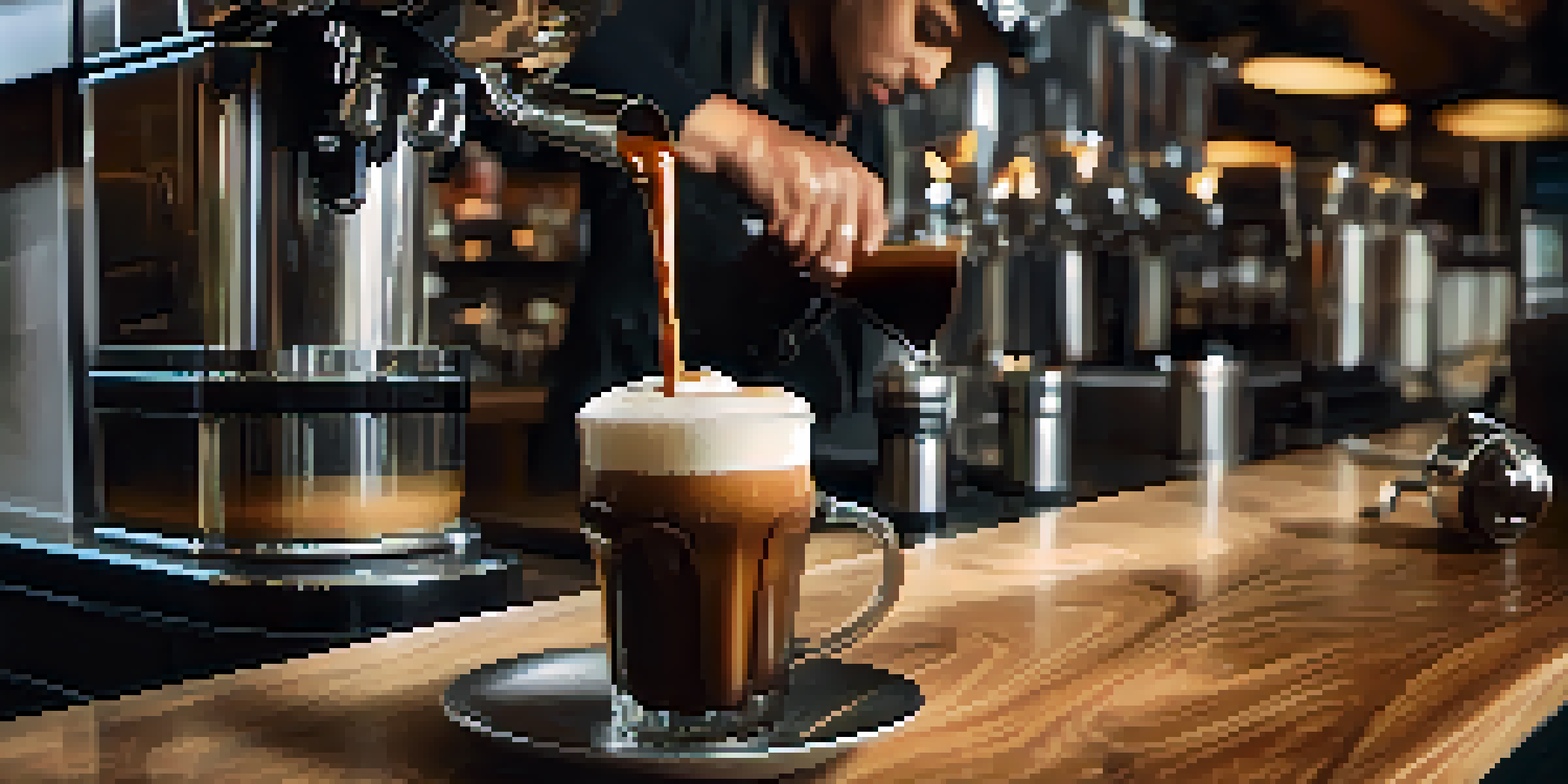 A barista pouring nitro coffee from a tap into a glass, with brewing equipment in the background and warm lighting.