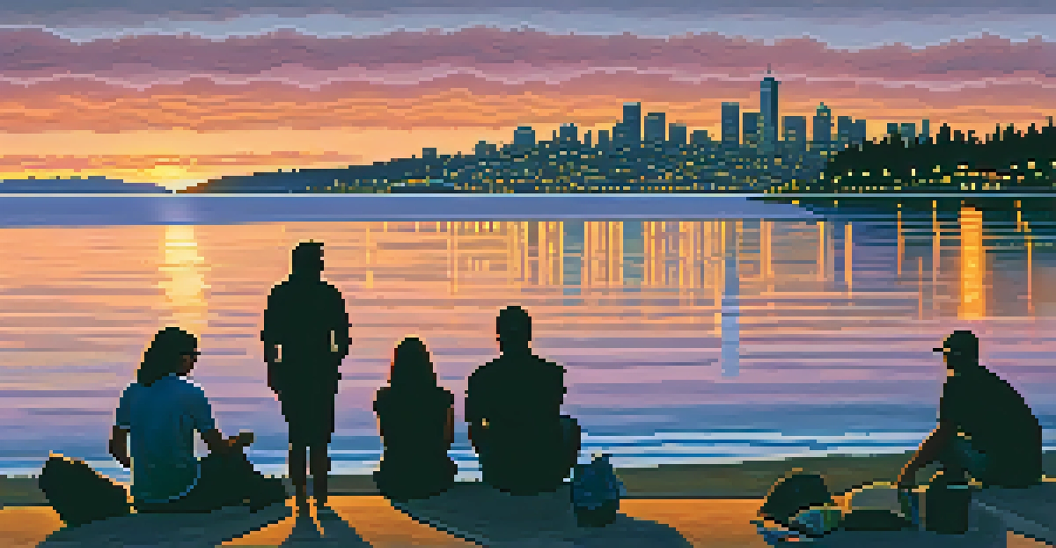 A tranquil sunset view at Alki Beach in West Seattle, with people picnicking and the Seattle skyline in the background, reflecting warm colors on the water.