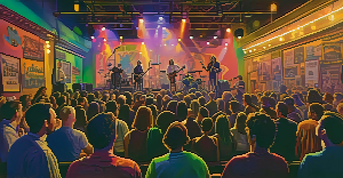 A lively concert at The Crocodile venue with a small intimate crowd enjoying the performance, colorful lights shining on stage.