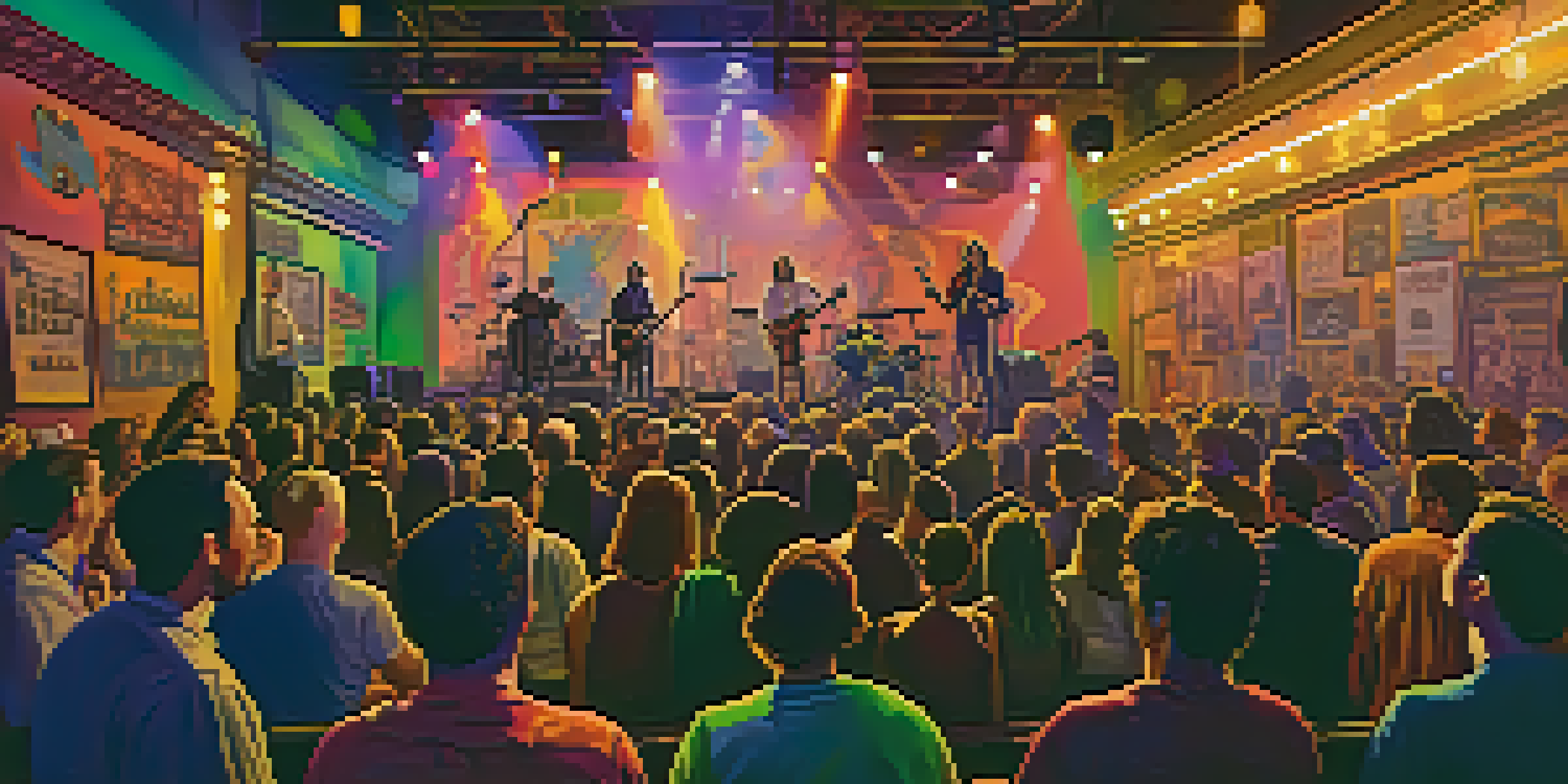 A lively concert at The Crocodile venue with a small intimate crowd enjoying the performance, colorful lights shining on stage.