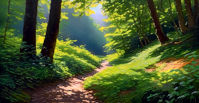 A peaceful hiking trail surrounded by greenery and wildflowers, with sunlight streaming through the trees.
