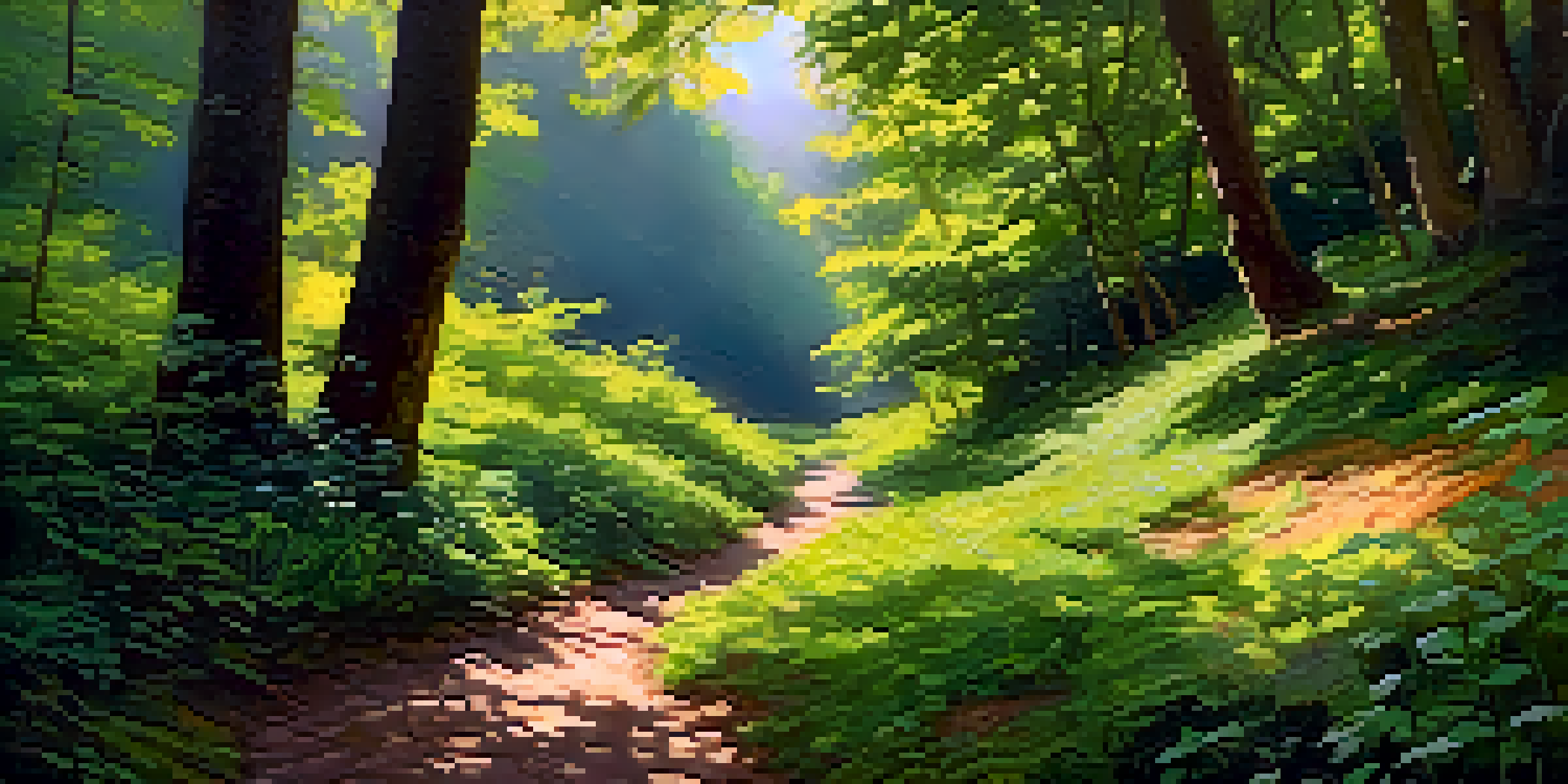 A peaceful hiking trail surrounded by greenery and wildflowers, with sunlight streaming through the trees.