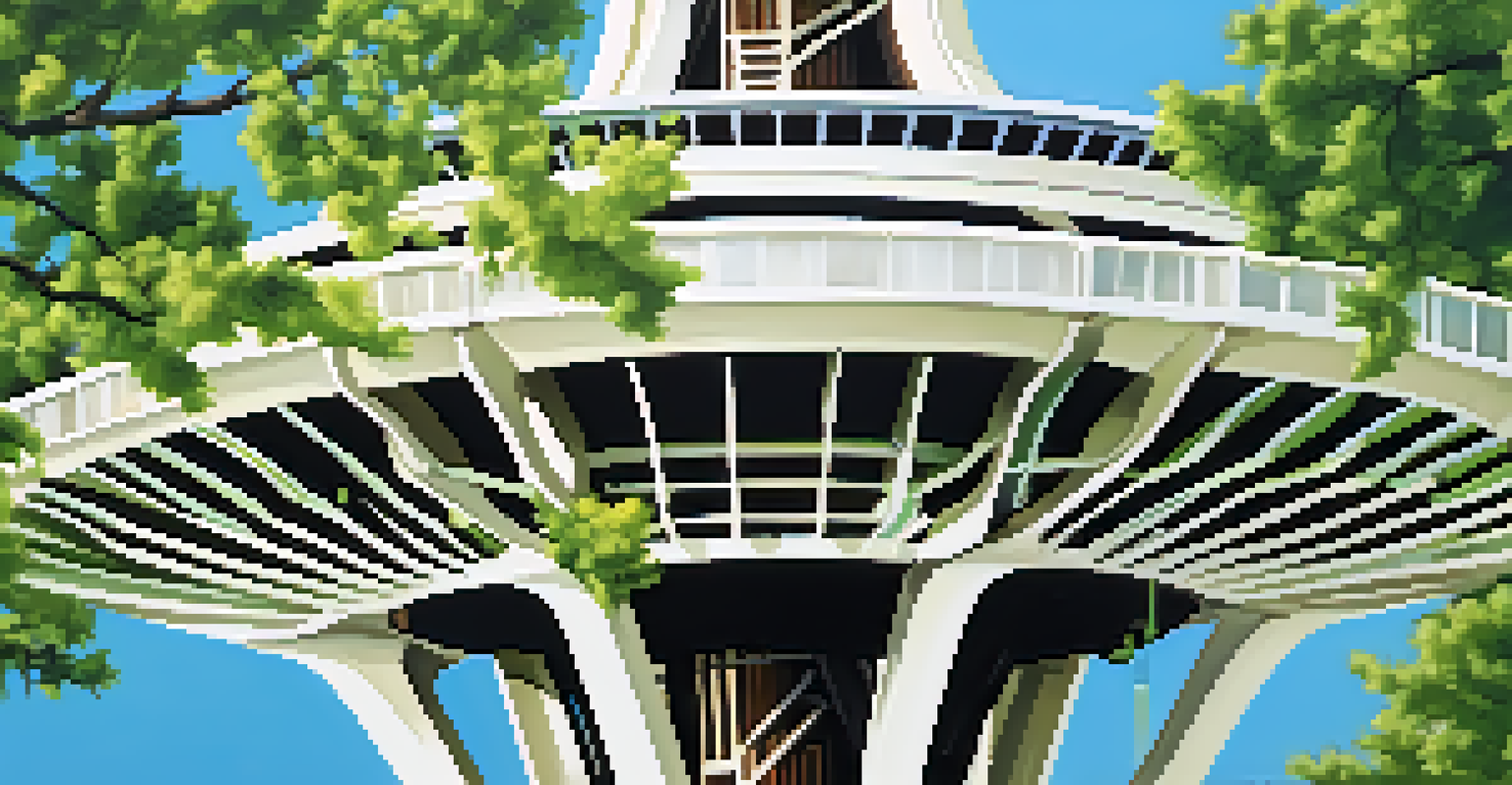 Close-up of the Space Needle's architecture with blue sky and greenery.