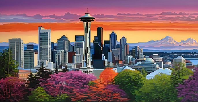 A scenic view of Seattle's skyline at sunset, showcasing the Space Needle and colorful sky.