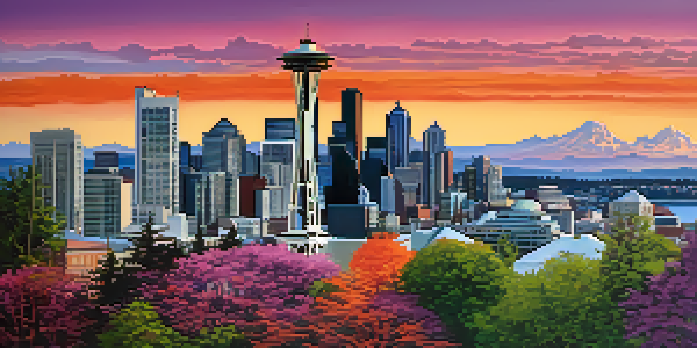 A scenic view of Seattle's skyline at sunset, showcasing the Space Needle and colorful sky.