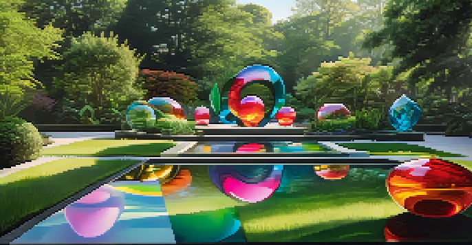 A colorful glass sculpture garden with large glass installations set among green plants, sunlight creating reflections on the ground and a calm pool in the front.
