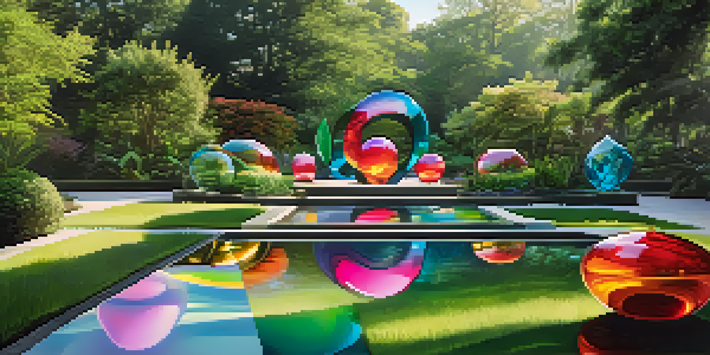 A colorful glass sculpture garden with large glass installations set among green plants, sunlight creating reflections on the ground and a calm pool in the front.