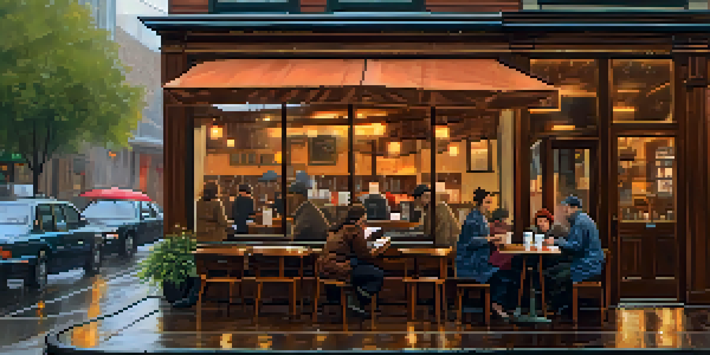 A warm and cozy coffee shop in Seattle with rainy weather outside, customers enjoying coffee, and a barista making drinks.