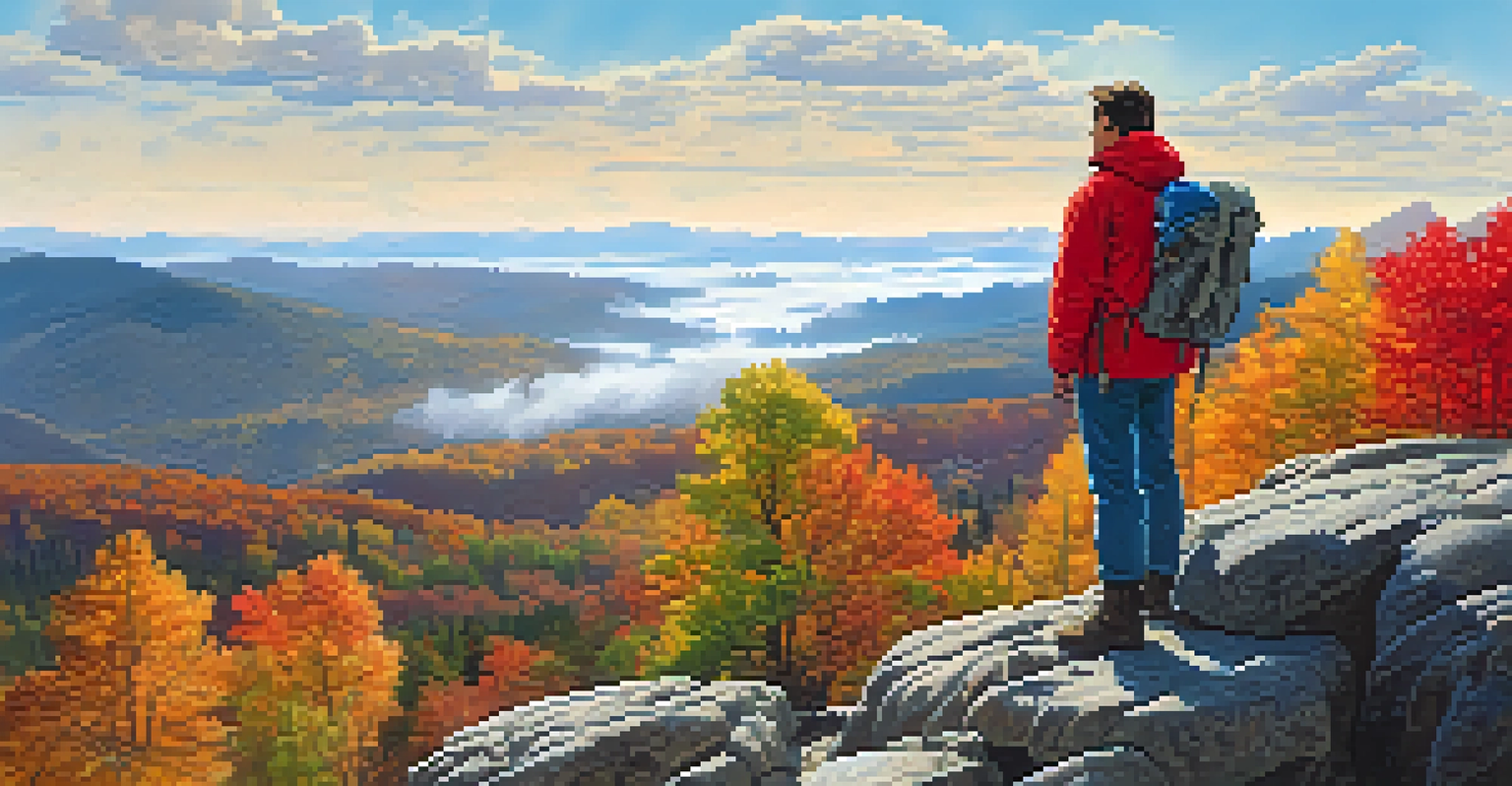 A hiker in a red jacket capturing a panoramic view of a valley with autumn colors and distant misty mountains.