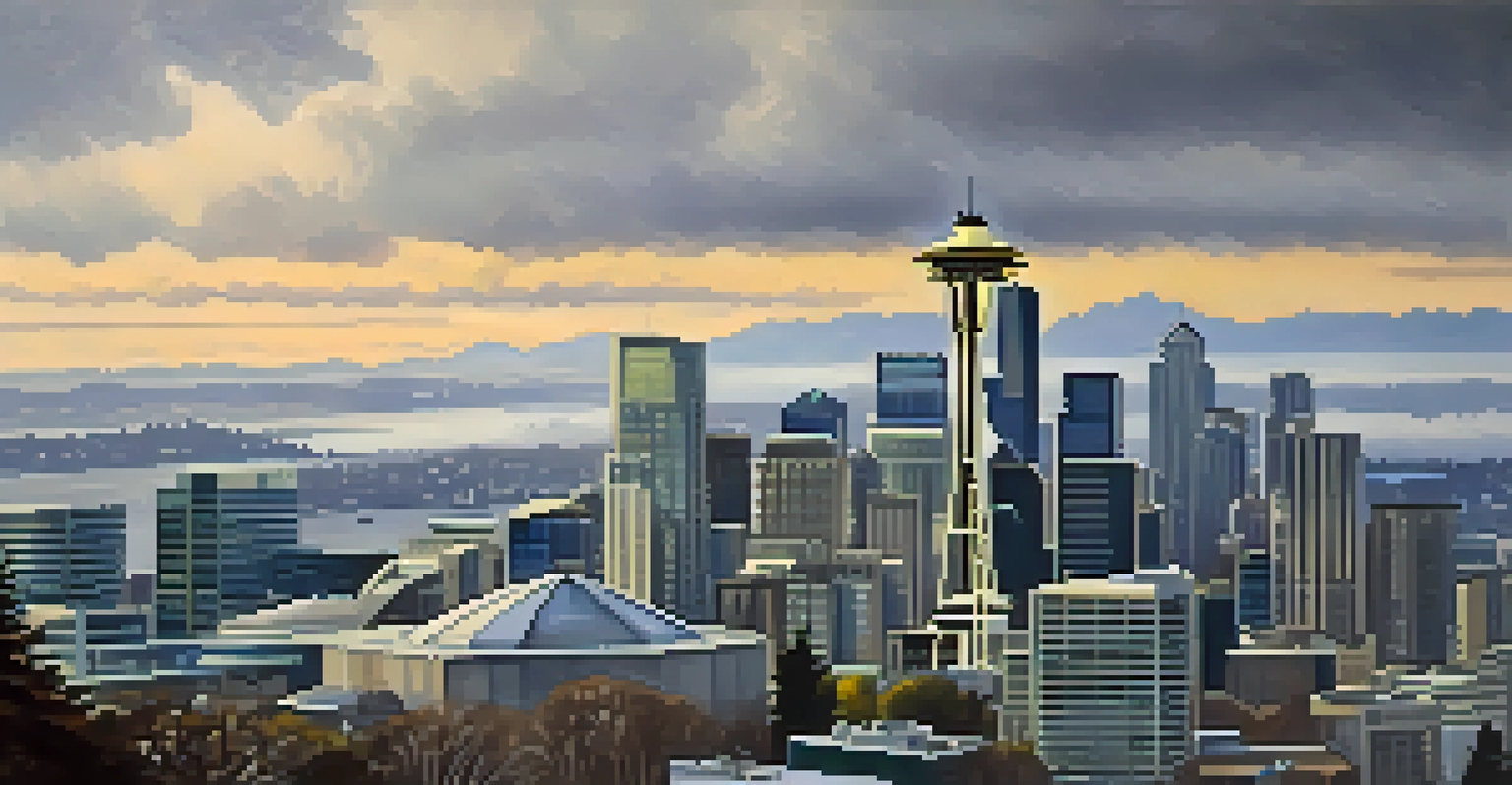 The Seattle skyline viewed from the Space Needle on a rainy day, with clouds and mist creating a mystical atmosphere.