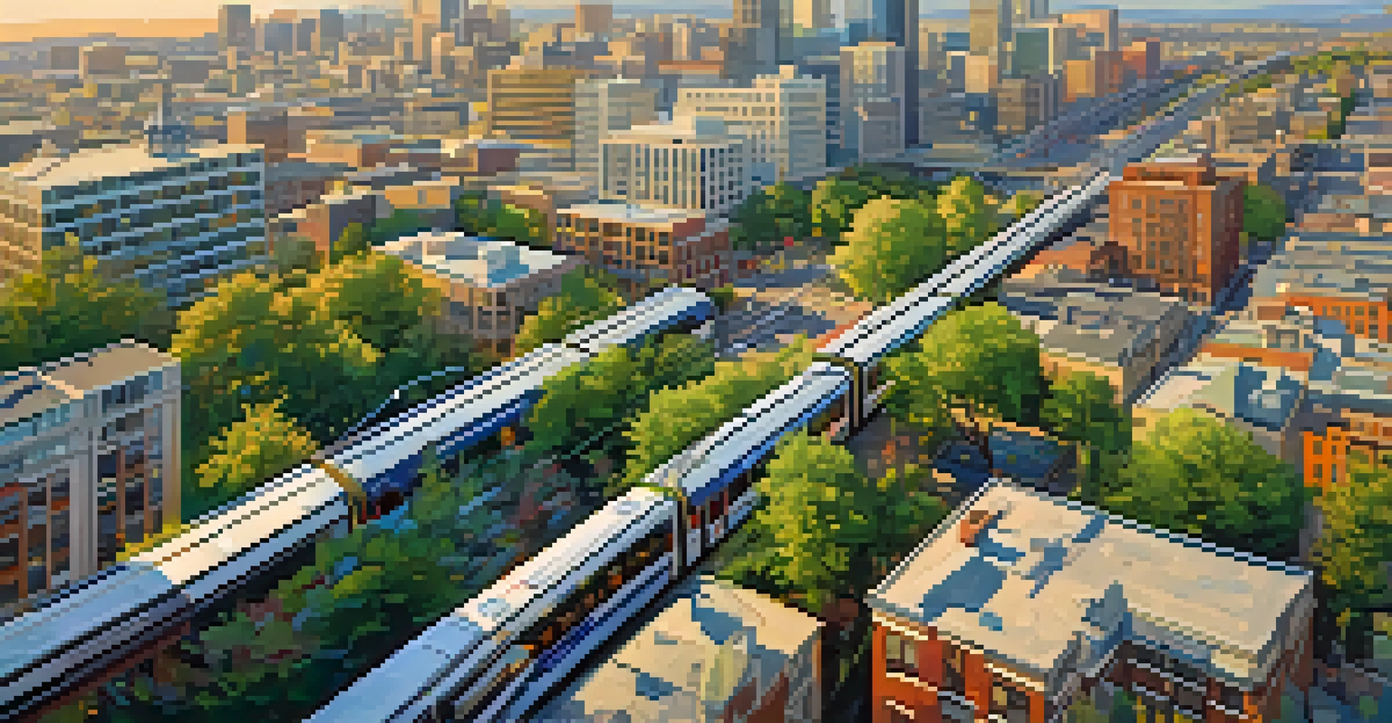 Aerial view of Seattle showing light rail lines and electric buses, with green spaces and modern buildings under warm sunlight.