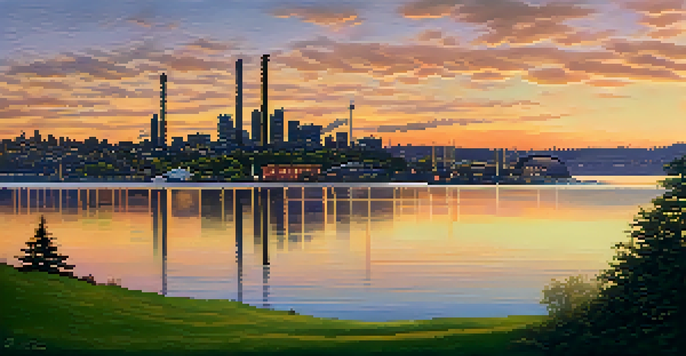 A scenic view of Gas Works Park at sunrise, featuring the Seattle skyline and Space Needle reflected in Lake Union, surrounded by green grass and industrial structures.