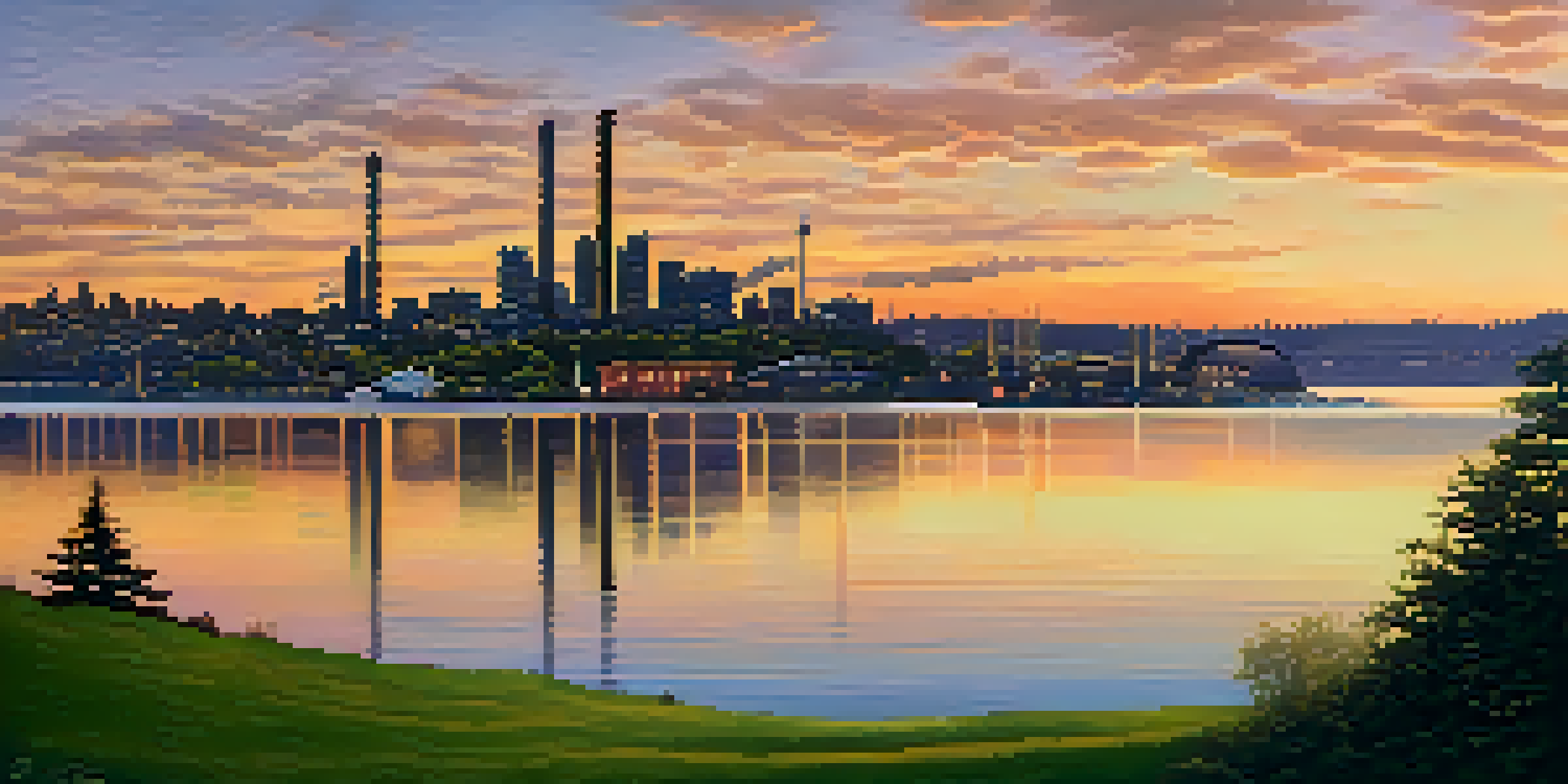 A scenic view of Gas Works Park at sunrise, featuring the Seattle skyline and Space Needle reflected in Lake Union, surrounded by green grass and industrial structures.