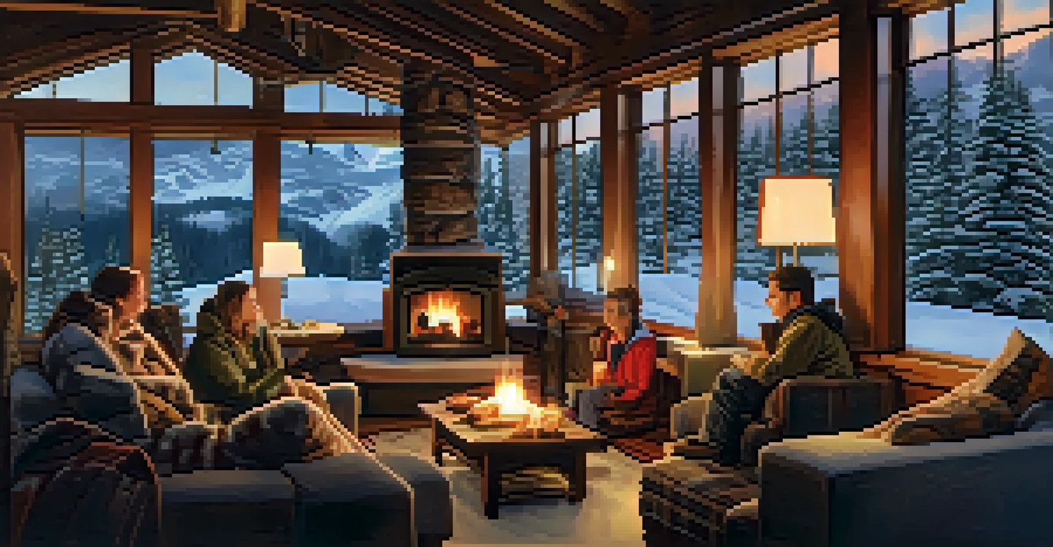 A cozy lodge interior with a fireplace and people enjoying drinks after skiing, with a snowy landscape visible outside.