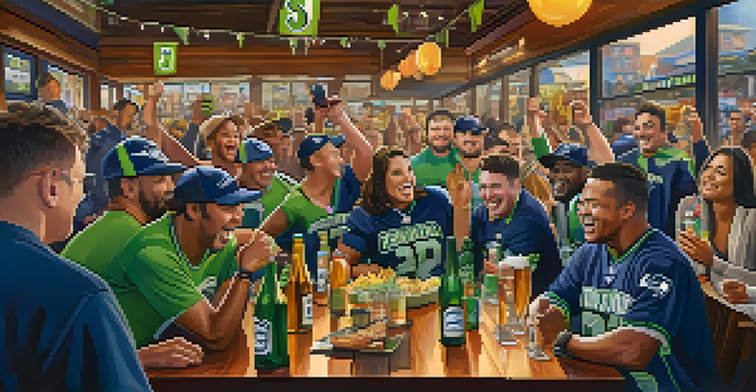 A lively group of diverse fans celebrating in a Seattle sports bar, wearing Seahawks and Mariners apparel with colorful decorations around them.