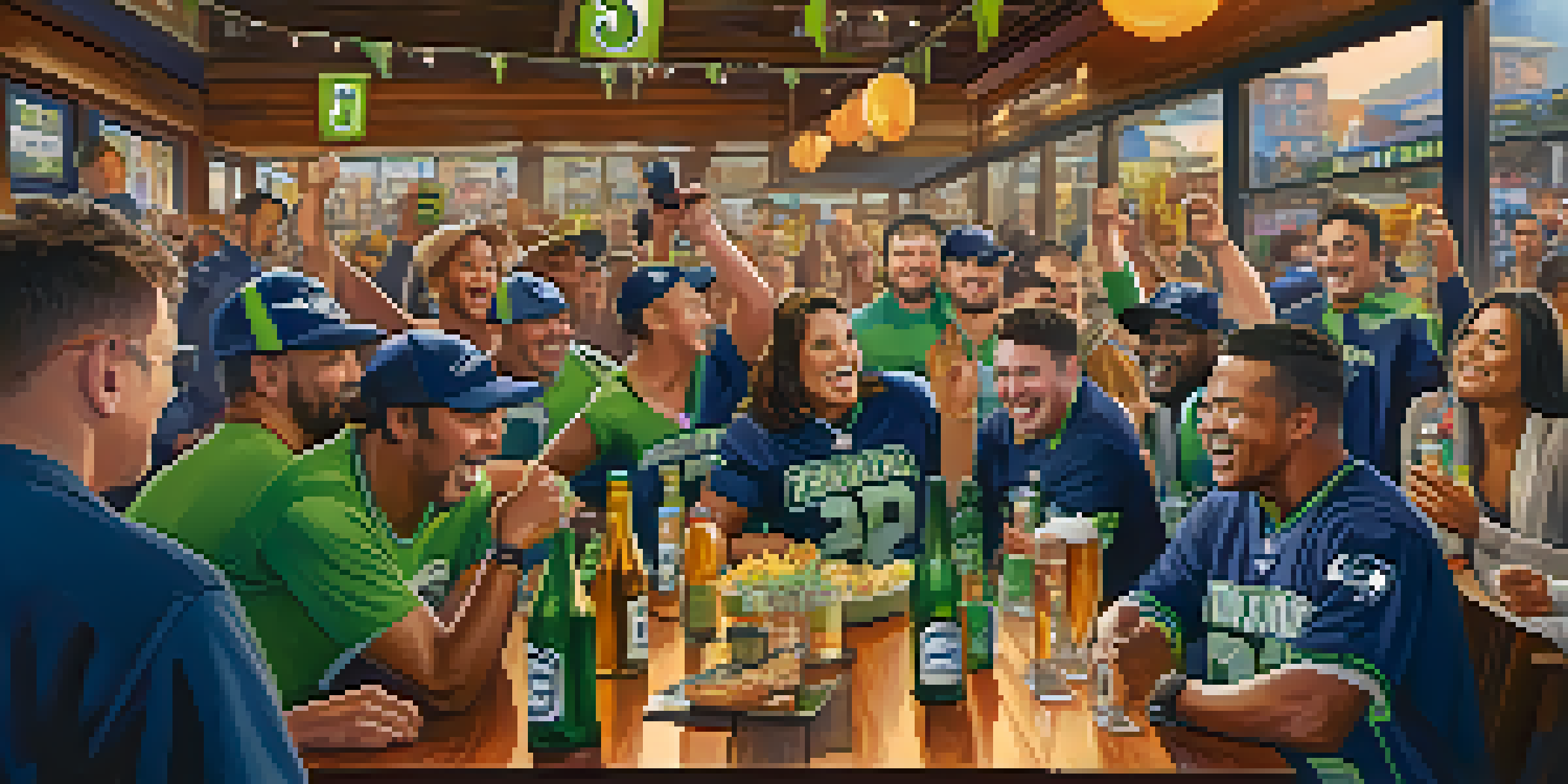 A lively group of diverse fans celebrating in a Seattle sports bar, wearing Seahawks and Mariners apparel with colorful decorations around them.