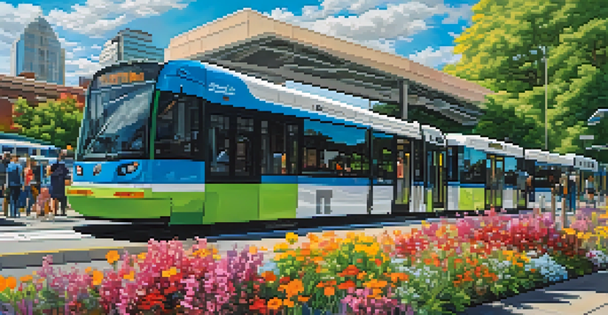 A busy Link Light Rail station in Seattle with electric buses and green surroundings, showcasing modern architecture and a bright sky.
