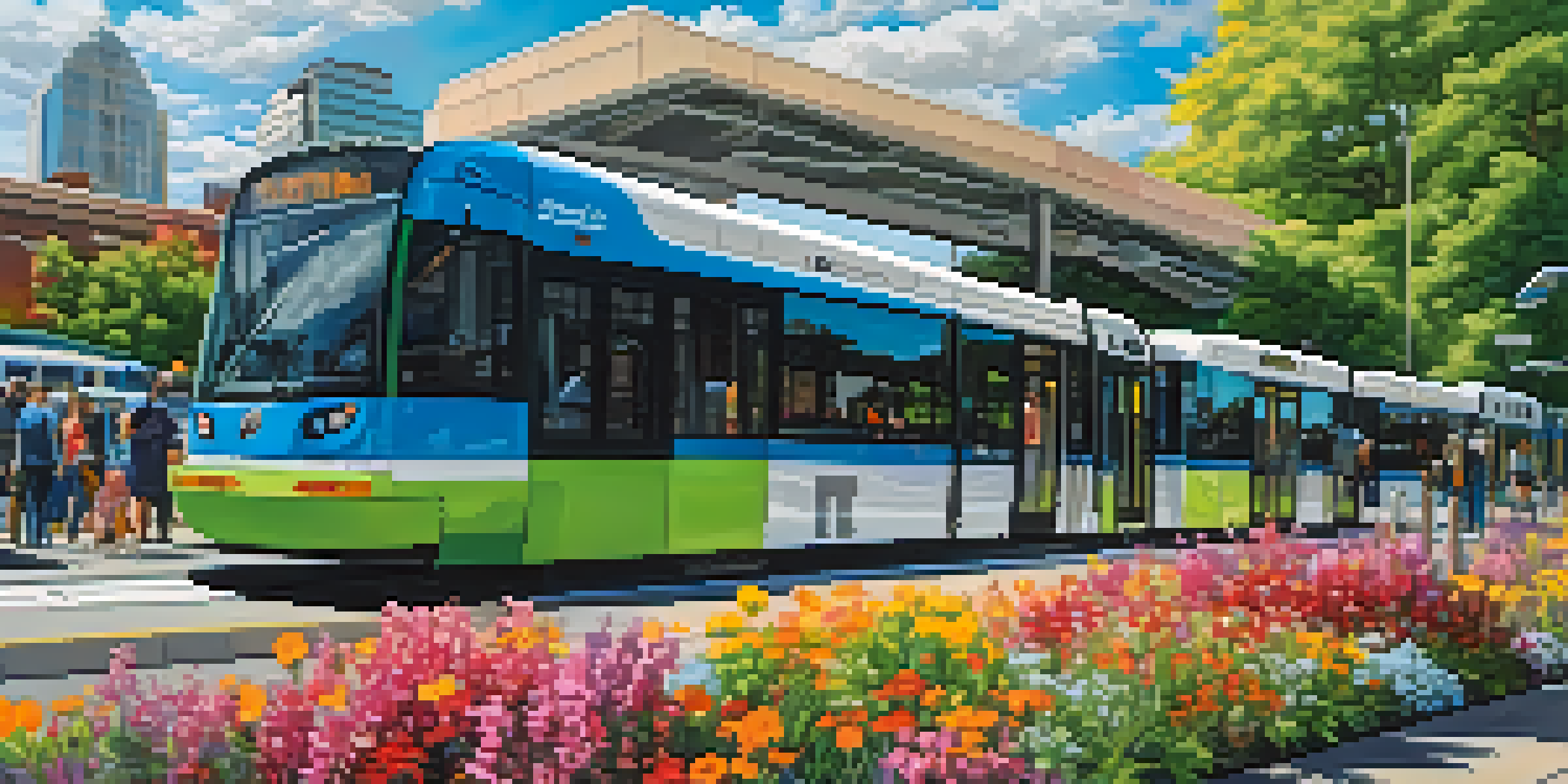 A busy Link Light Rail station in Seattle with electric buses and green surroundings, showcasing modern architecture and a bright sky.