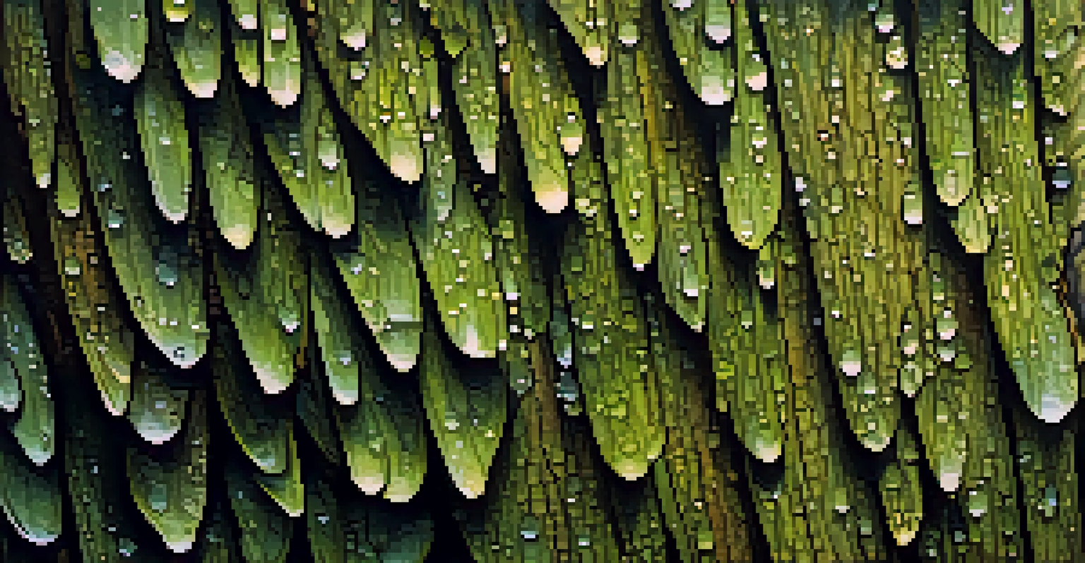 Close-up of tree bark with dew, ferns, and moss, highlighting the beauty of nature's textures.