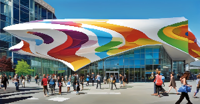 A view of the Museum of Pop Culture in Seattle, featuring its distinctive swirling metallic architecture and people walking towards the entrance.