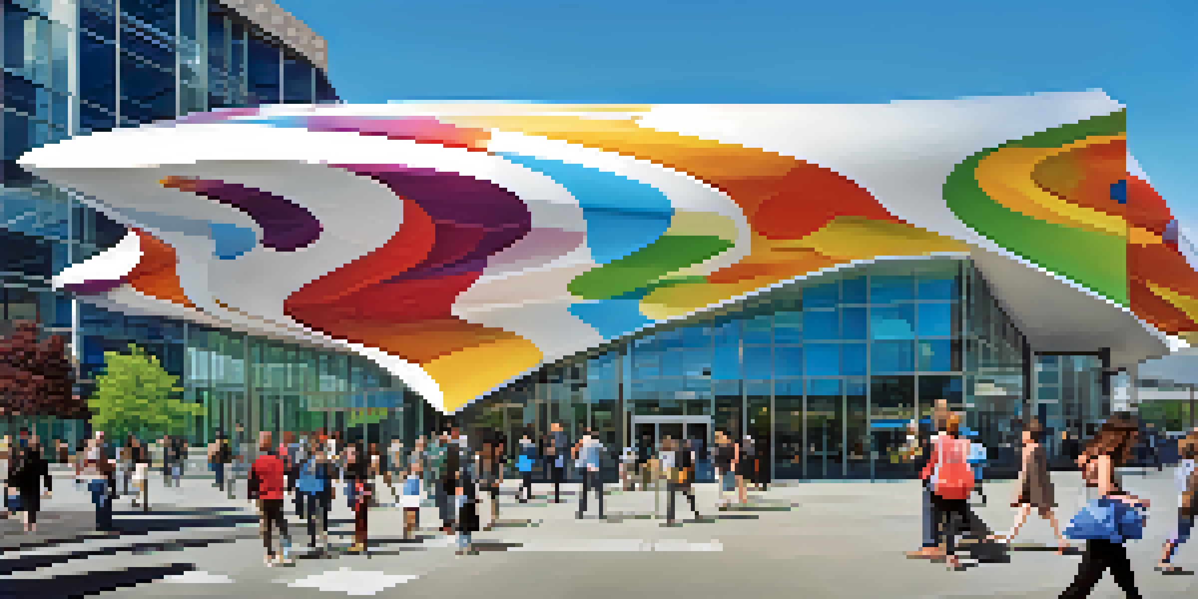 A view of the Museum of Pop Culture in Seattle, featuring its distinctive swirling metallic architecture and people walking towards the entrance.