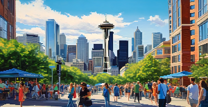 A vibrant Seattle cityscape with the Space Needle and modern skyscrapers under a bright blue sky, people walking with laptops.