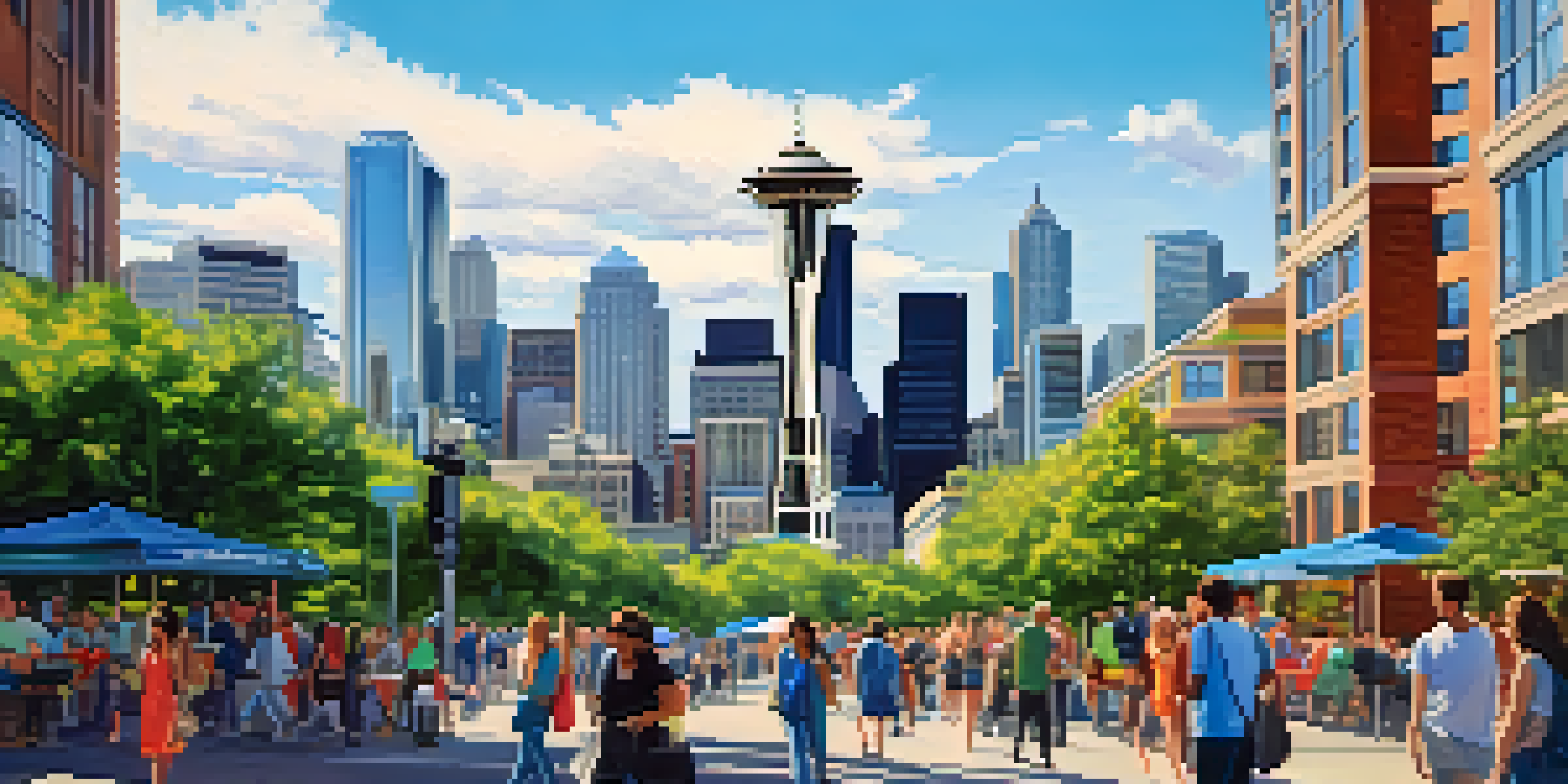 A vibrant Seattle cityscape with the Space Needle and modern skyscrapers under a bright blue sky, people walking with laptops.