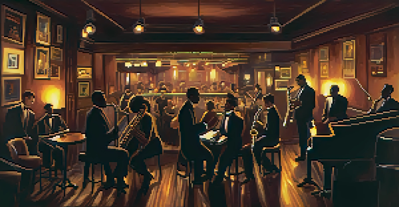 A cozy jazz club in Seattle from the early 20th century, featuring a jazz band performing on stage with patrons enjoying the music in a dimly lit atmosphere.