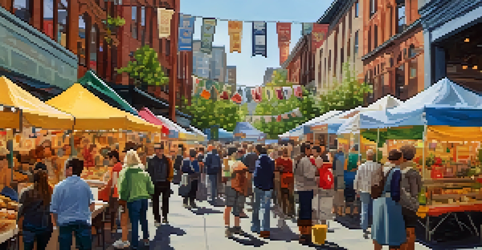 A lively art festival in Pike Place Market, featuring diverse stalls with local artworks and a crowd of people enjoying the vibrant atmosphere.