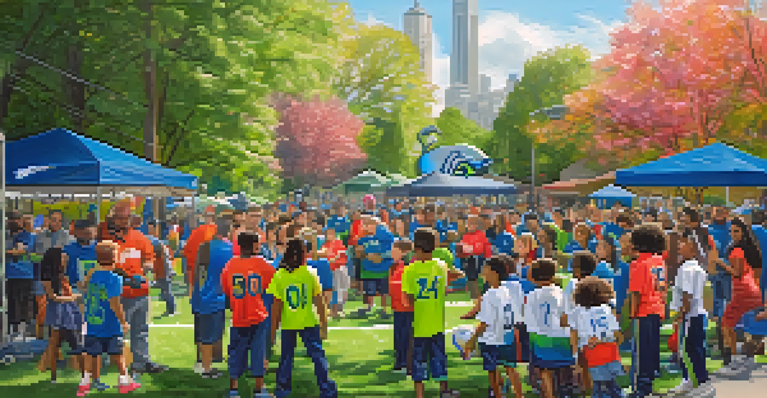 Seattle Seahawks players interacting with children at a community event focused on physical activity and sports.