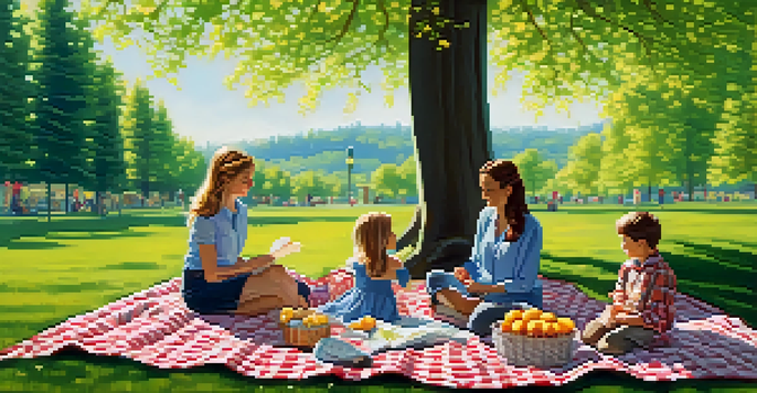 A colorful spring park with blooming flowers, tall trees, and a family having a picnic on a blanket.